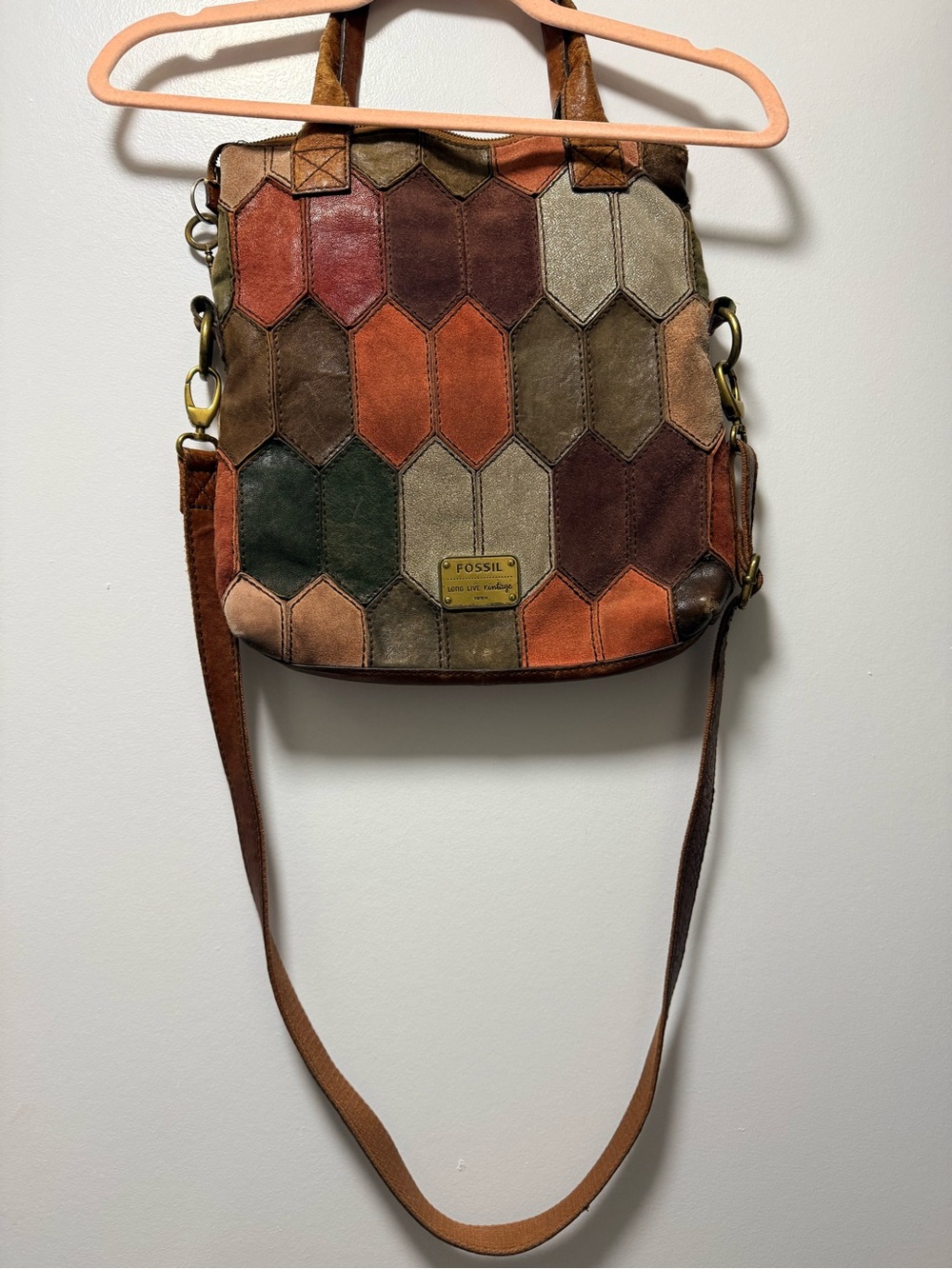 Fossil Patchwork Hexagon Leather Crossbody in Brown, Tan, Orange, Green